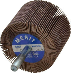 Merit Abrasives - 2" Diam x 1-1/2" Face Width, Fine Ceramic Alumina Coated Mounted Flap Wheel - 1/4" Shank Mount, 120 Grit, Cloth Backing, 25,000 Max RPM - Eagle Tool & Supply