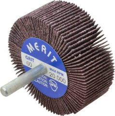 Merit Abrasives - 2-1/2" Diam x 1" Face Width, Medium Ceramic Alumina Coated Mounted Flap Wheel - 1/4" Shank Mount, 60 Grit, Cloth Backing, 20,000 Max RPM - Eagle Tool & Supply