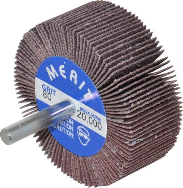 Merit Abrasives - 2-1/2" Diam x 1" Face Width, Medium Ceramic Alumina Coated Mounted Flap Wheel - 1/4" Shank Mount, 80 Grit, Cloth Backing, 20,000 Max RPM - Eagle Tool & Supply