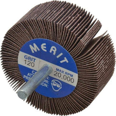 Merit Abrasives - 2-1/2" Diam x 1" Face Width, Fine Ceramic Alumina Coated Mounted Flap Wheel - 1/4" Shank Mount, 120 Grit, Cloth Backing, 20,000 Max RPM - Eagle Tool & Supply