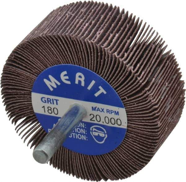 Merit Abrasives - 2-1/2" Diam x 1" Face Width, Very Fine Ceramic Alumina Coated Mounted Flap Wheel - 1/4" Shank Mount, 180 Grit, Cloth Backing, 20,000 Max RPM - Eagle Tool & Supply
