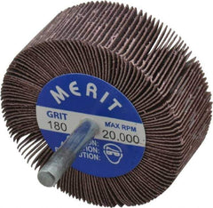 Merit Abrasives - 2-1/2" Diam x 1" Face Width, Very Fine Ceramic Alumina Coated Mounted Flap Wheel - 1/4" Shank Mount, 180 Grit, Cloth Backing, 20,000 Max RPM - Eagle Tool & Supply