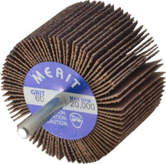 Merit Abrasives - 2-1/2" Diam x 1-1/2" Face Width, Medium Ceramic Alumina Coated Mounted Flap Wheel - 1/4" Shank Mount, 60 Grit, Cloth Backing, 20,000 Max RPM - Eagle Tool & Supply
