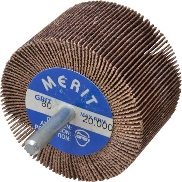 Merit Abrasives - 2-1/2" Diam x 1-1/2" Face Width, Medium Ceramic Alumina Coated Mounted Flap Wheel - 1/4" Shank Mount, 80 Grit, Cloth Backing, 20,000 Max RPM - Eagle Tool & Supply