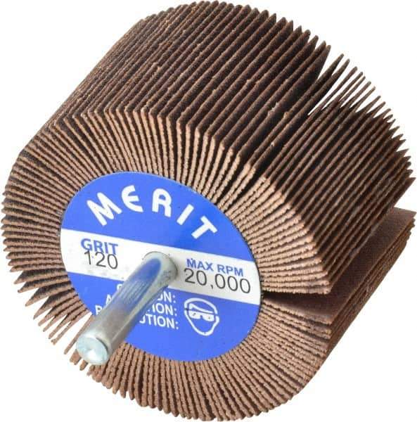 Merit Abrasives - 2-1/2" Diam x 1-1/2" Face Width, Fine Ceramic Alumina Coated Mounted Flap Wheel - 1/4" Shank Mount, 120 Grit, Cloth Backing, 20,000 Max RPM - Eagle Tool & Supply