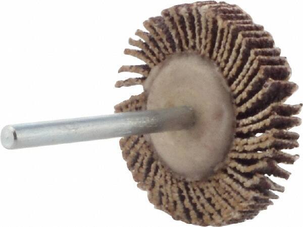 Merit Abrasives - 1-3/16" Diam x 3/16" Face Width, Medium Aluminum Oxide Coated Mounted Flap Wheel - 1/8" Shank Mount, 60 Grit, Cloth Backing, 30,000 Max RPM - Eagle Tool & Supply