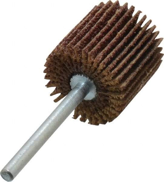 Merit Abrasives - 3/4" Diam x 3/4" Face Width, Medium Aluminum Oxide Coated Mounted Flap Wheel - 1/8" Shank Mount, 60 Grit, Cloth Backing, 35,000 Max RPM - Eagle Tool & Supply