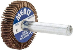 Merit Abrasives - 1-3/16" Diam x 1/4" Face Width, Medium Aluminum Oxide Coated Mounted Flap Wheel - 1/4" Shank Mount, 80 Grit, Cloth Backing, 25,000 Max RPM - Eagle Tool & Supply