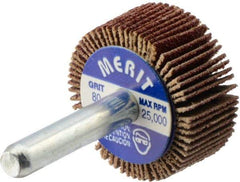 Merit Abrasives - 1-3/16" Diam x 1/2" Face Width, Medium Aluminum Oxide Coated Mounted Flap Wheel - 1/4" Shank Mount, 80 Grit, Cloth Backing, 25,000 Max RPM - Eagle Tool & Supply