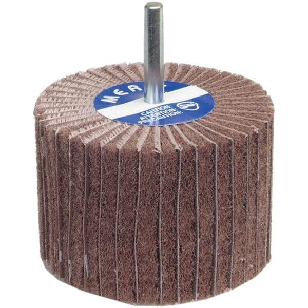 Merit Abrasives - 3" Diam x 1" Face Width, Medium Aluminum Oxide Nonwoven & Coated Mounted Flap Wheel - 1/4" Shank Mount, 80 Grit, Interleaf, X Weighted Cloth Backing, 12,000 Max RPM - Eagle Tool & Supply
