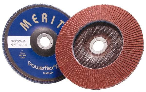 Merit Abrasives - 60 Grit, 4-1/2" Disc Diam, 7/8" Center Hole, Type 27 Aluminum Oxide Flap Disc - 13,300 Max RPM, Fiberglass Backing, Arbor Attaching System, Coated - Eagle Tool & Supply