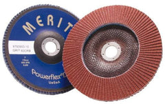 Merit Abrasives - 60 Grit, 4-1/2" Disc Diam, 7/8" Center Hole, Type 27 Aluminum Oxide Flap Disc - 13,300 Max RPM, Fiberglass Backing, Arbor Attaching System, Coated - Eagle Tool & Supply