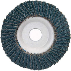 Merit Abrasives - 36 Grit, 4-1/2" Disc Diam, 7/8" Center Hole, Type 29 Zirconia Alumina Flap Disc - 13,300 Max RPM, Aluminum Backing, Arbor Attaching System, Coated - Eagle Tool & Supply