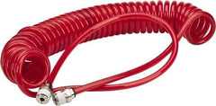 PRO-SOURCE - 0.16 ID, 1/4 Thread, 15' Long, Red Polyurethane Coiled & Self Storing Hose - 125 Max psi, Male Swivel x Male Swivel - Eagle Tool & Supply