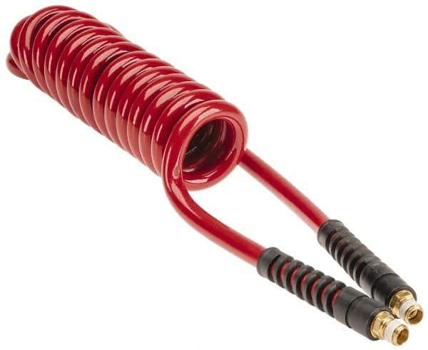 PRO-SOURCE - 3/8" ID, 1/4 Thread, 10' Long, Red Polyurethane Coiled & Self Storing Hose - 200 Max psi, Male Swivel x Male Swivel - Eagle Tool & Supply
