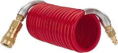 PRO-SOURCE - 1/4" ID, 1/4 Thread, 12' Long, Red Nylon Coiled & Self Storing Hose - 240 Max psi, Industrial Interchange Coupler x Plug - Eagle Tool & Supply