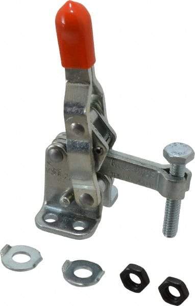Lapeer - 200 Lb Holding Capacity, Vertical Handle, Manual Hold Down Toggle Clamp - 64° Handle Movement, 110° Bar Opening, Solid Bar, Flanged Base, Carbon Steel - Eagle Tool & Supply