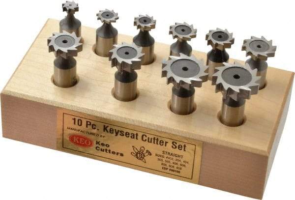 Keo - 3/8 to 1" Cutting Diam, Straight Tooth Configuration, Woodruff and Keyseat Cutter Set - 204 to 808 ANSI, High Speed Steel, 10 Pieces - Eagle Tool & Supply