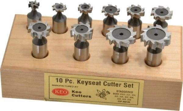 Keo - 1/2 to 1" Cutting Diam, Staggered Tooth Configuration, Woodruff and Keyseat Cutter Set - 204 to 808 ANSI, High Speed Steel, 10 Pieces - Eagle Tool & Supply