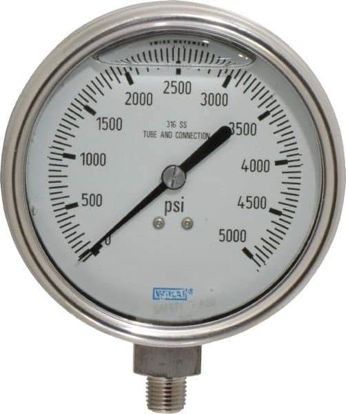 Wika - 4" Dial, 1/4 Thread, 0-5,000 Scale Range, Pressure Gauge - Lower Connection Mount, Accurate to 1% of Scale - Eagle Tool & Supply