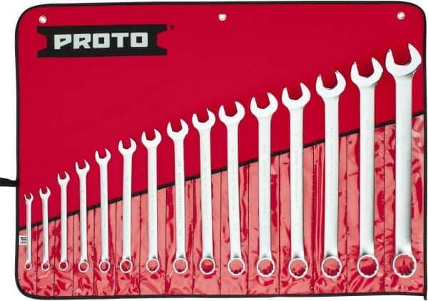 Proto - 15 Piece, 5/16 to 1-1/4", Combination Wrench Set - Inch System of Measurement, Satin Finish, Comes in Nylon Roll - Eagle Tool & Supply