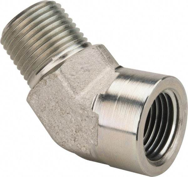 Parker - 1/2 Male Thread x 1/2 Female Thread, Zinc Plated Steel Industrial Pipe 45° Street Elbow - MNPTF x FNPTF, 3,000 psi - Eagle Tool & Supply