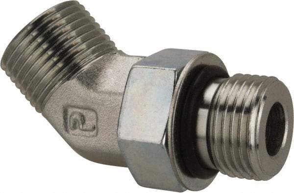 Parker - 1/2" OD, Steel Zinc Plated Male 45° Elbow - 6,000 Max Working psi, O-Ring Face Seal/SAE-ORB Ends - Eagle Tool & Supply