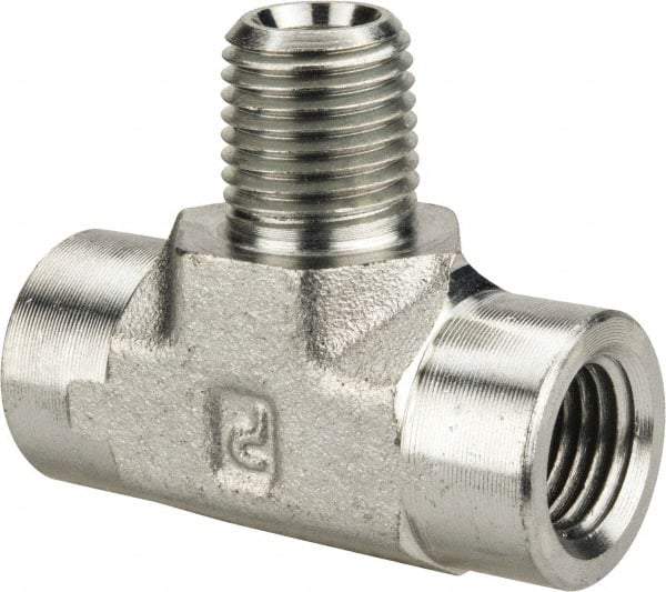 Parker - 1/4 Male Thread x 1/4 Female Thread, Zinc Plated Steel Industrial Pipe Male Branch Tee - MNPTF x FNPTF, 5,000 psi - Eagle Tool & Supply