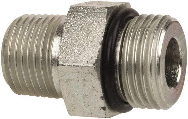 Parker - 3/4-16 x 3/8 Male Thread, Zinc Plated Steel Industrial Pipe Adapter - Male Straight Thread O-Ring x Male NPTF, 6,000 psi - Eagle Tool & Supply