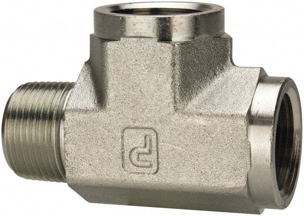 Parker - 1 Male Thread x 1 Female Thread, Zinc Plated Steel Industrial Pipe Street Tee - MNPTF x FNPTF, 1,800 psi - Eagle Tool & Supply