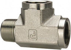 Parker - 1 Male Thread x 1 Female Thread, Zinc Plated Steel Industrial Pipe Street Tee - MNPTF x FNPTF, 1,800 psi - Eagle Tool & Supply