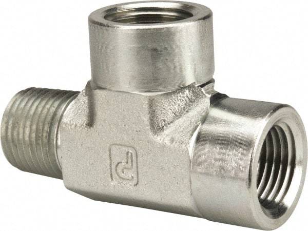 Parker - 1/2 Male Thread x 1/2 Female Thread, Zinc Plated Steel Industrial Pipe Street Tee - MNPTF x FNPTF, 3,000 psi - Eagle Tool & Supply
