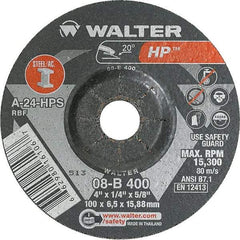 WALTER Surface Technologies - 24 Grit, 4" Wheel Diam, 1/4" Wheel Thickness, 5/8" Arbor Hole, Type 27 Depressed Center Wheel - Aluminum Oxide, Resinoid Bond, 15,000 Max RPM - Eagle Tool & Supply