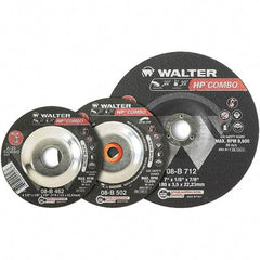 WALTER Surface Technologies - 30 Grit, 7" Wheel Diam, 1/8" Wheel Thickness, 7/8" Arbor Hole, Type 27 Depressed Center Wheel - Aluminum Oxide, Resinoid Bond, 8,600 Max RPM - Eagle Tool & Supply
