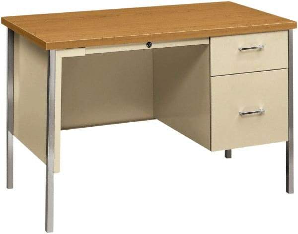 Hon - Woodgrain Laminate/Metal Right Pedestal Desk with Center Drawer - 45" Wide x 24" Deep x 29" High, Harvest/Putty - Eagle Tool & Supply