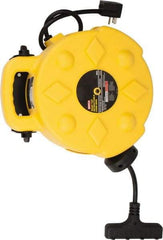 Bayco - 12 AWG, 50' Cable Length, Cord & Cable Reel with Outlet End - 4 Outlets, NEMA 5-15R, 15 Amps, SJTW Cable, Yellow Reel - Eagle Tool & Supply