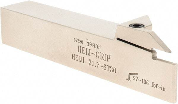 Iscar - HELI, External, Left Hand, 0.236 to 1/4" Groove Width, Indexable Grooving Tool Holder - DG.. 6303, GRIP 6.. Insert Compatibility, 1-1/4" Shank Height, 1-1/4" Shank Width, 7" OAL - Eagle Tool & Supply