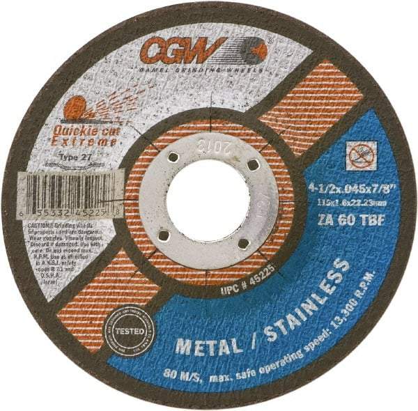 Camel Grinding Wheels - 60 Grit, 6" Wheel Diam, 7/8" Arbor Hole, Type 27 Depressed Center Wheel - Medium Grade, Zirconia Alumina, Resinoid Bond, T Hardness, 10,200 Max RPM - Eagle Tool & Supply