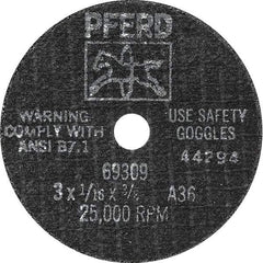 PFERD - 3" Aluminum Oxide Cutoff Wheel - 0.045" Thick, 3/8" Arbor, Use with Die Grinders - Eagle Tool & Supply