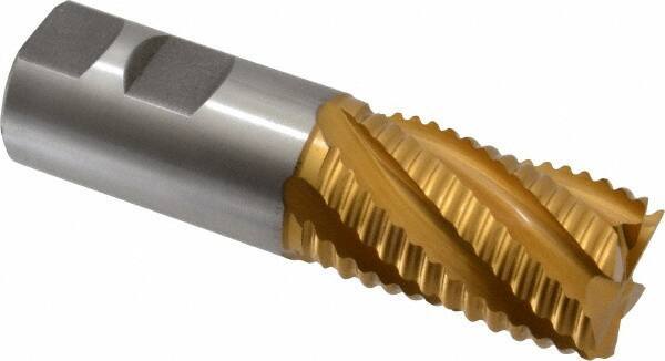 Hertel - 1-1/4" Diam, Coarse Pitch, 2" LOC, 6 Flute Cobalt Roughing Square End Mill - TiN Finish, 4-1/2" OAL, 1-1/4" Shank Diam, Single End, Centercutting, 30° Helix - Eagle Tool & Supply