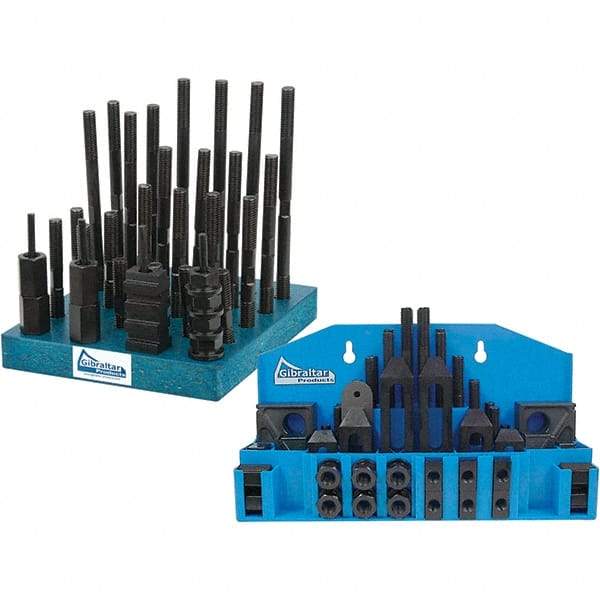 Gibraltar - 52 Piece Fixturing Step Block & Clamp Set with 1" Step Block, 11/16" T-Slot, 5/8-11 Stud Thread - 1-1/8" Nut Width, 4, 5, 3, 6, 7 & 8" Stud Lengths - Eagle Tool & Supply