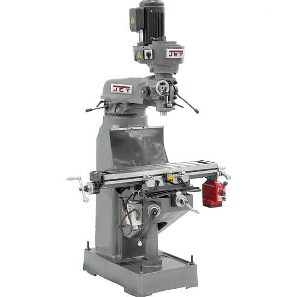 Jet - 9" Table Width x 42" Table Length, Step Pulley Control, 3 Phase Knee Milling Machine - R8 Spindle Taper, 2 hp - Eagle Tool & Supply