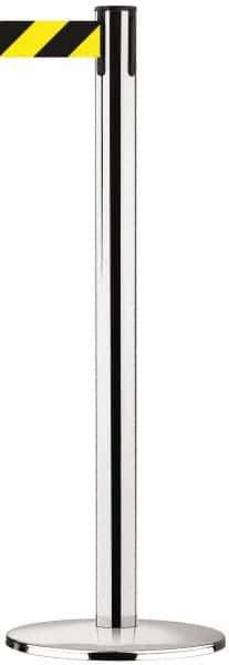 Tensator - 38-1/2" High, 2-1/2" Pole Diam, Tensabarrier Post - 13-1/2" Base Diam, Round Cast Iron with Pressed Steel Cover Base, Polished Chrome (Color) 7-1/2' Tape - Eagle Tool & Supply
