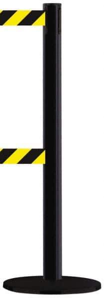 Tensator - 38-1/2" High, 2-1/2" Pole Diam, Tensabarrier Post - 13-1/2" Base Diam, Round Metal Base, Black 7-1/2' Tape, Dual Line Tape - Eagle Tool & Supply