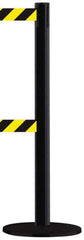 Tensator - 38-1/2" High, 2-1/2" Pole Diam, Tensabarrier Post - 13-1/2" Base Diam, Round Metal Base, Black 7-1/2' Tape, Dual Line Tape - Eagle Tool & Supply