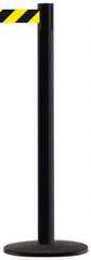 Tensator - 38" High, 2-1/2" Pole Diam, Barricade Tape Dispenser - 14" Base Diam, Round Stainless Steel Base, Black Steel Post, 13' x 1-7/8" Tape, Single Line Tape, For Outdoor Use - Eagle Tool & Supply