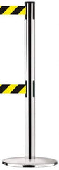 Tensator - 38-1/2" High, 2-1/2" Pole Diam, Tensabarrier Post - 13-1/2" Base Diam, Round Metal Base, Polished Chrome (Color) 7-1/2' Tape, Dual Line Tape - Eagle Tool & Supply