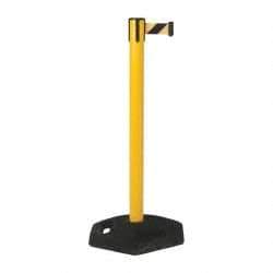 Tensator - 38-1/4" High, 2-1/2" Pole Diam, Tensabarrier Post - 19" Base Diam, UPVC Base, Yellow Plastic Post, 7-1/2' Tape, Single Line Tape, For Outdoor Use - Eagle Tool & Supply