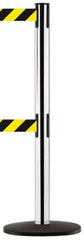 Tensator - 38-1/4" High, 2-1/2" Pole Diam, Tensabarrier Post - 13-1/2" Base Diam, Round ABS Plastic Base, Polished Chrome (Color) 7-1/2" Tape, Dual Line Tape - Eagle Tool & Supply