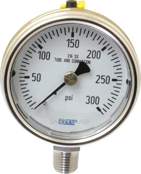 Wika - 2-1/2" Dial, 1/4 Thread, 0-300 Scale Range, Pressure Gauge - Lower Connection Mount, Accurate to 2-1-2% of Scale - Eagle Tool & Supply